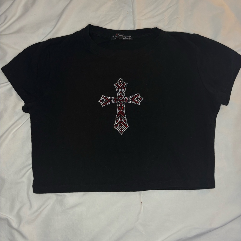 Black Crop Top with Rhinestone Cross